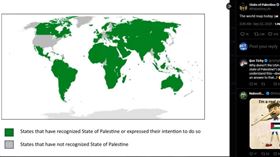 巴勒斯坦國在Ｘ上的帳號貼出一張承認國家的地圖，其中台灣也被劃入。（圖／翻攝自IG @Palestine_UN） 