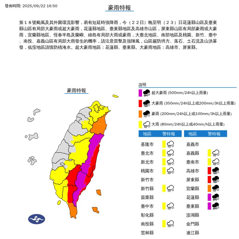 14縣市豪、大雨特報。（圖／氣象署）