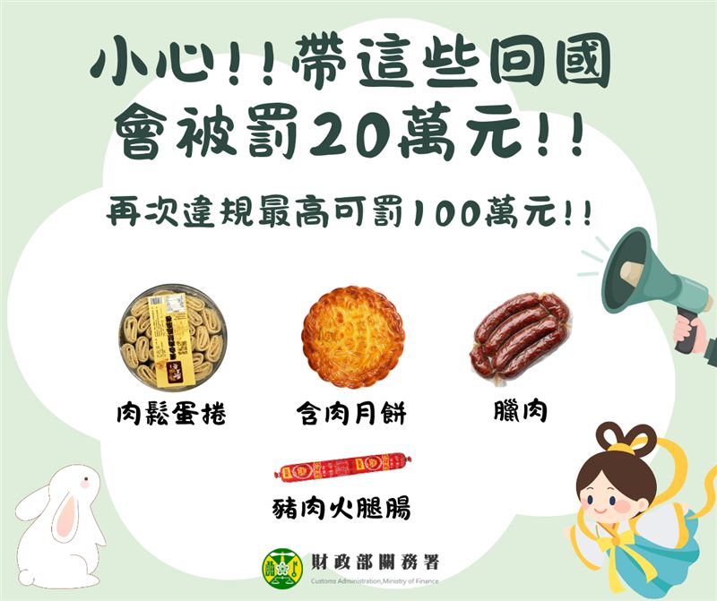 中秋國慶連假出國旅遊，切勿攜帶含肉製品回國。（圖／翻攝自財政部關務署）