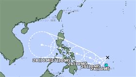 日本氣象廳今（2３）日於台灣時間9時30分宣布，一個熱帶低氣壓於菲律賓東方海面生成，預估未來將朝西北西方向移動。最快可能在24小時內成颱，即今年的第20號颱風「博羅依」（Bualoi）。（圖／翻攝自日本氣象廳）
