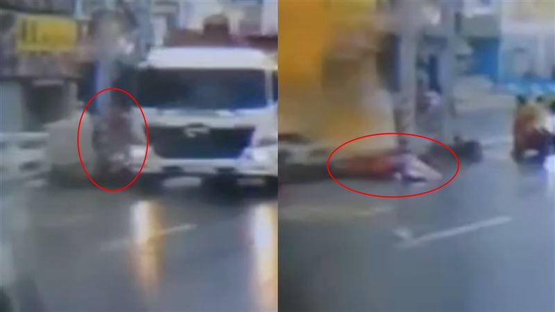 似乎是上了陸橋後道路縮減，陸橋與貨車間剩縫隙，而女騎士成了夾心，碰撞後人車倒地，遭大貨車輾過。（圖／翻攝自台南大小事臉書）