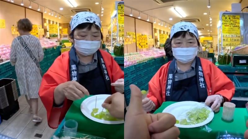 中國大學生遊大阪，瘋狂試吃葡萄「拿吃過牙籤狂叉」。（圖／翻攝自Thread）