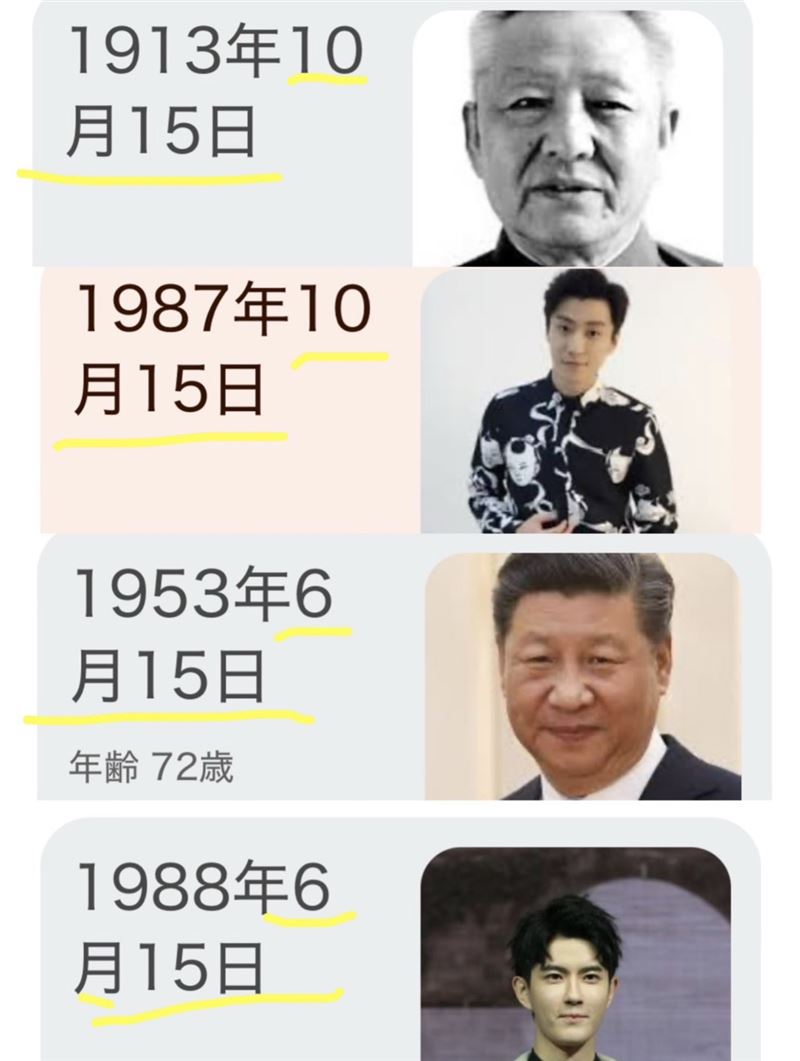 最駭人的第五種說法，是網路瘋傳的「獻祭說」，有網友發現，于朦朧的生日竟與習近平相同，而離奇身亡的歌手喬任梁，生日則與習近平的父親習仲勳同為10月15日。（圖／翻攝自X平台 新聞調查）
