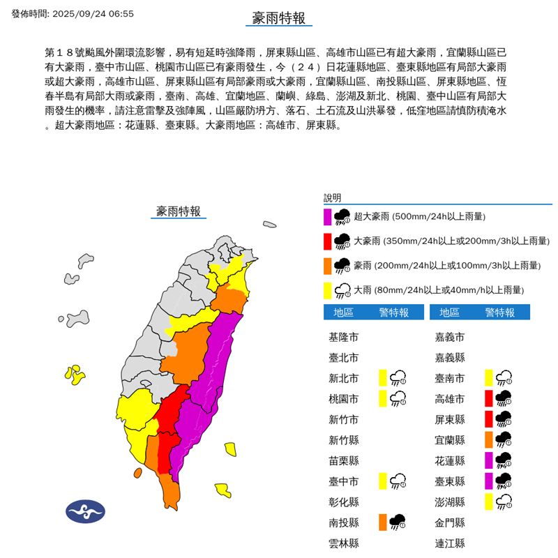 中央氣象署針對11縣市發布豪、大雨特報。（圖／中央氣象署）