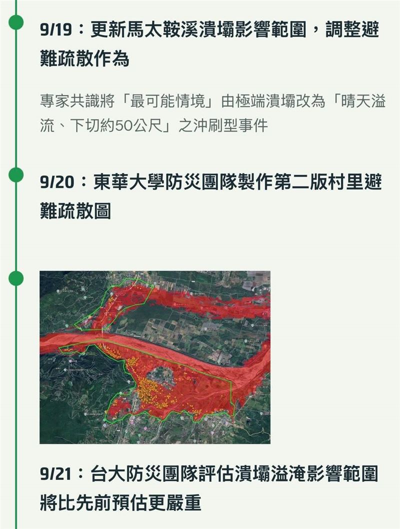 吳思瑤分享資訊，農業部從今年7月至今對於馬太鞍溪堰塞湖的監測、相關作為時間。（圖／翻攝自吳思瑤臉書）