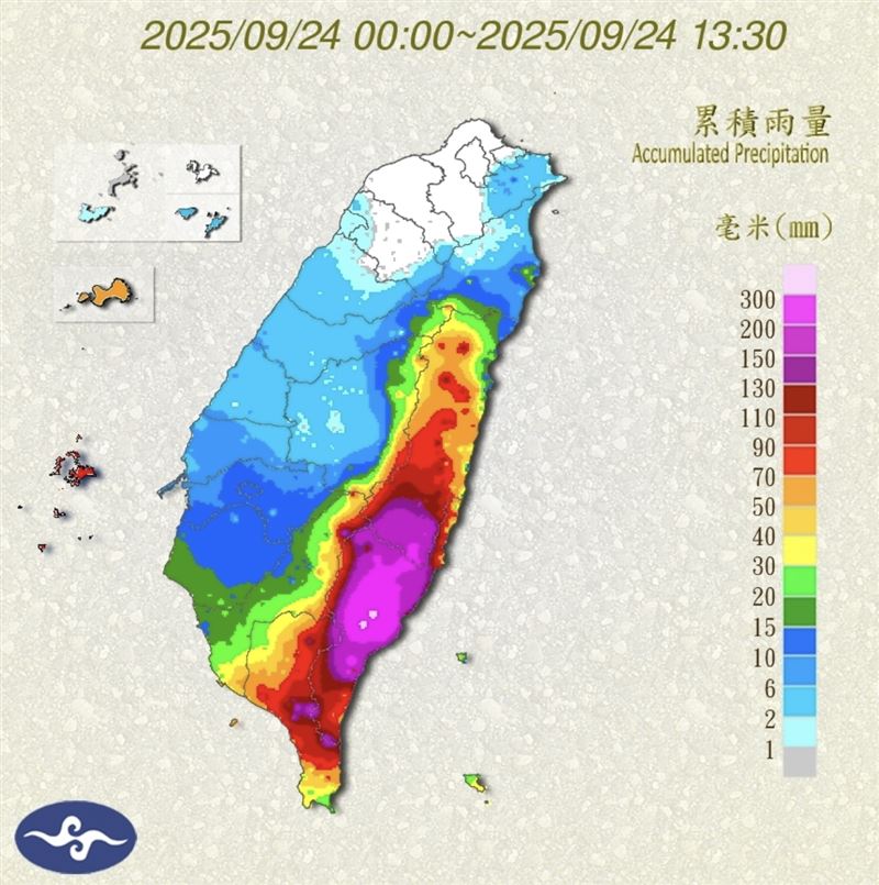 颱風樺加沙外圍環流影響，花東雨量驚人。（圖／氣象署）