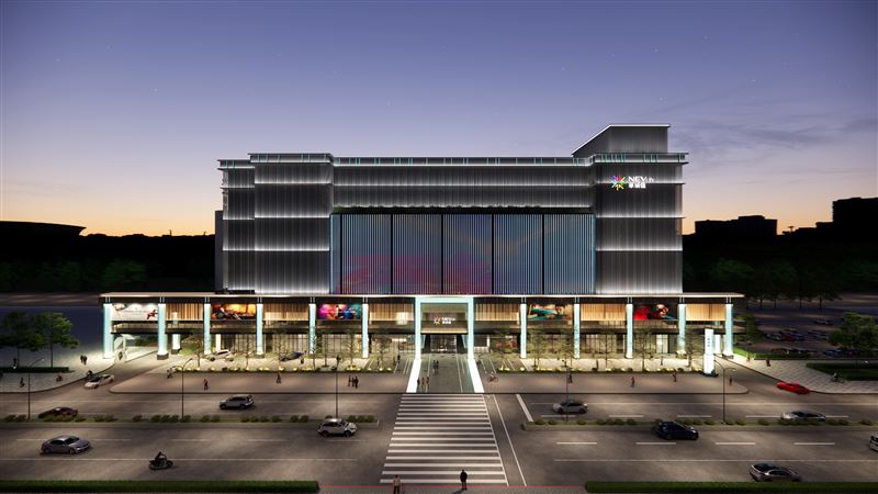 華城匯百貨外觀以光影設計展現科技感，未來將成為大直城市夜景新地標。（圖／華城匯商場模擬圖）