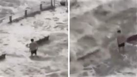 有一名男子不畏風雨，竟僅穿著泳褲衝到「洪水第一排」觀浪、戲水
（圖／翻攝自X）