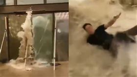 樺加沙直撲香港　巨浪沖破酒店大門捲倒壯漢。（圖／翻攝自X平台）