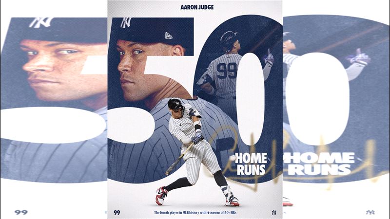 賈吉（Aaron Judge）生涯4季至少擊出50轟，成為大聯盟史上第4人。（圖／翻攝自洋基推特）