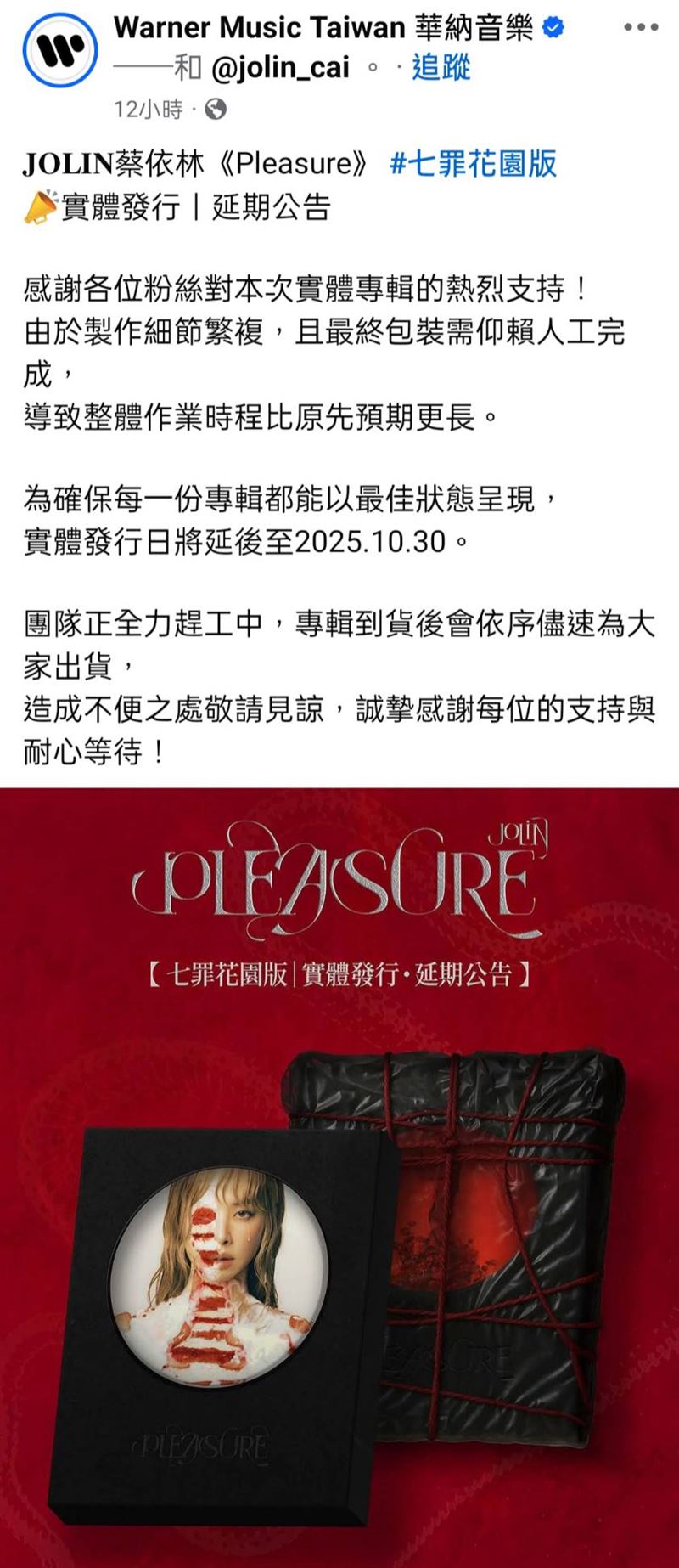 蔡依林實體專輯證實延期。（圖／翻攝自臉書）