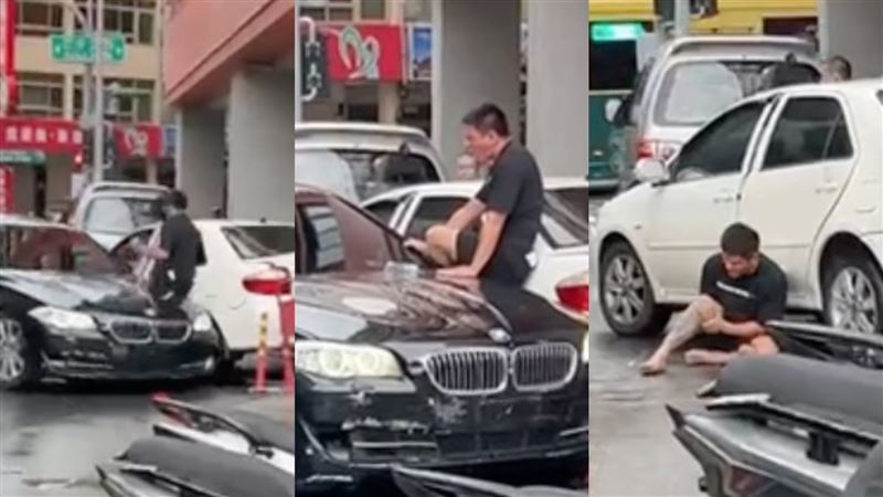 柯男便上前攔車理論；不料，遭朱男駕駛的黑色BMW衝撞將他的刺青包腳夾住20秒，阻斷血液流不過去，柯男直喊疼氣焰全失。（圖／民眾提供）
