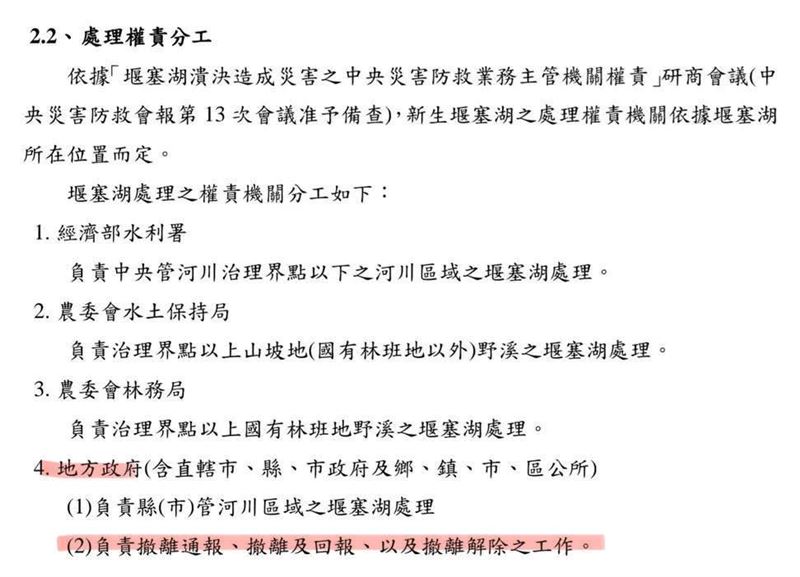 律師李柏寬分享「國有林地堰塞湖應變標準作業程序」，當中明定地方政府「負責撤離通報、撤離及回報、以及撤離解除之工作」。（圖／翻攝自李柏寬臉書）