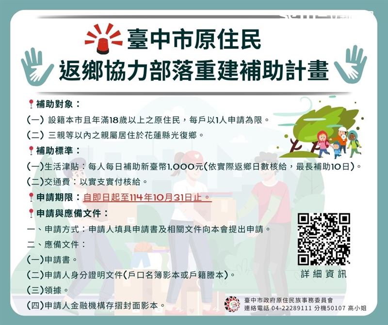 補助對象為設籍台中市、年滿18歲的原住民族人，若其三等親內親屬居住於花蓮縣光復鄉，皆可提出申請。（圖／翻攝畫面）