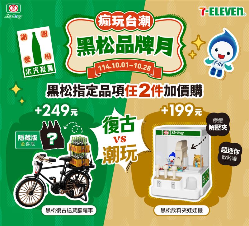 活動期間至7-ELEVEN購買任兩件黑松指定品項，便可加價購將「黑松復古送貨腳踏車」、「黑松飲料夾娃娃機」帶回家。（圖／品牌業者提供）