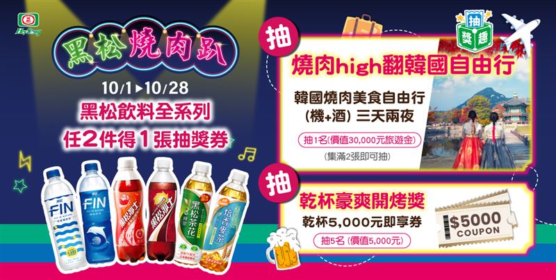 凡參與「全家X黑松燒肉趴」抽獎趣活動，有機會獲得價值三萬元的韓國三天兩夜之旅及乾杯五千元即享券。（圖／品牌業者提供）
