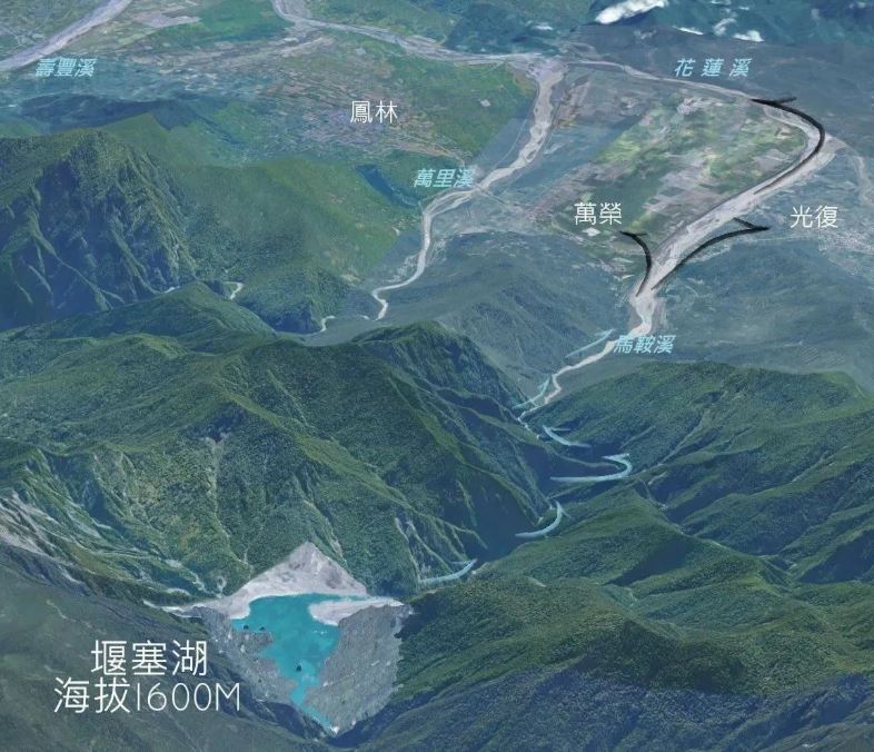 花蓮馬太鞍溪堰塞湖，若採爆破處理，大量洪水恐直線灌入光復鄉、萬榮鄉釀成嚴重災害。（圖／翻攝自Thread @yang_hao_yang）