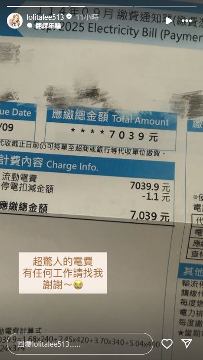 蘿莉塔公開電費帳單。（圖／翻攝自蘿莉塔IG）