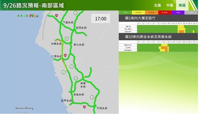 教師節連假前1日路況預測（南區）。（圖／公路局提供）