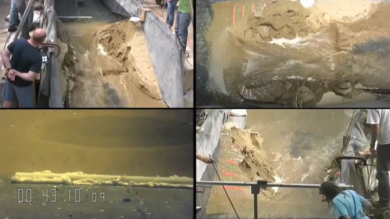 約五分鐘時間，整個堰塞湖模型已完全崩塌，大水傾瀉而下。。（圖／翻攝自Thread @rui.ui9）