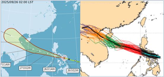 氣象署路徑潛勢預測圖博羅依的動向(左)與歐洲系集模式模擬(右)類似，即將通過菲律賓中部、經海南島南側，侵襲越南北部。(圖／擷自氣象署、ECMWF)