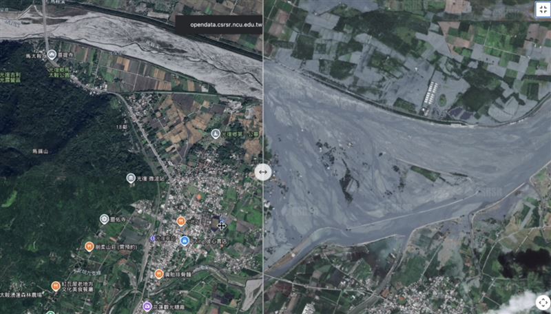 光復鄉前後對比衛星圖（圖／翻攝自GeoLab空間資訊實驗室）
