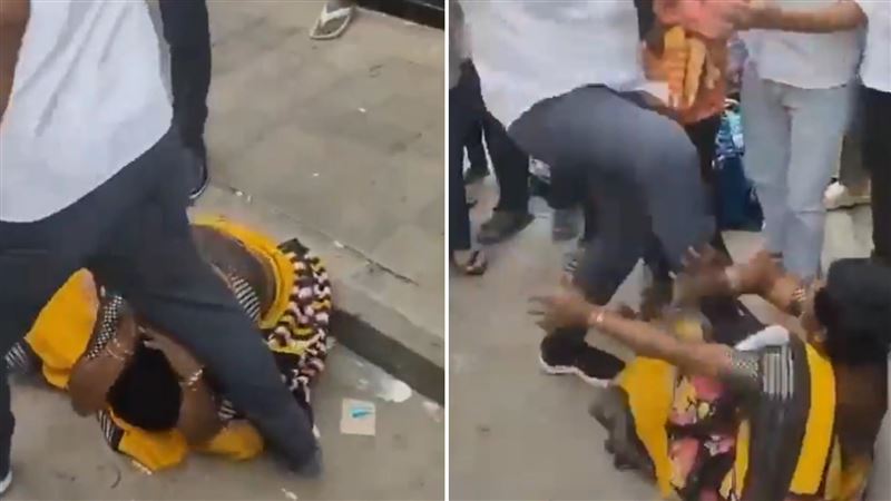 印度邦加羅爾的大街上，有位女小偷被抓，接著就遭多人猛踹、毆打。（圖／翻攝自X）