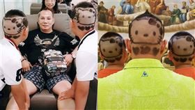 「竹北吊車大王」胡漢龑為了討已故爸爸開心，帶著雙胞胎兒子3人一起剪hello kitty的頭髮。（圖／翻攝自啟德機械起重工程公司臉書）