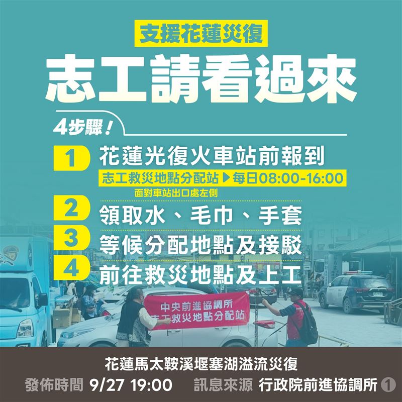 經濟部指出，光復火車站前設立「志工救災地點分配站」，可以協調各地志工災後復原。（圖／翻攝自經濟部臉書）