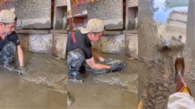 有民眾用高壓水槍把水灌進淤泥，能夠較省力地將泥巴塊挖出。（圖／Threads@jinpeiwen授權提供）