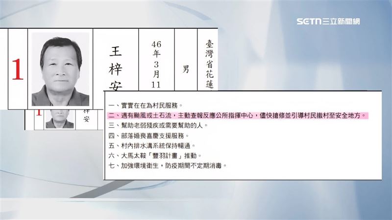 王梓安的政見就是「遇到颱風或土石流，盡快引導村民撤離」