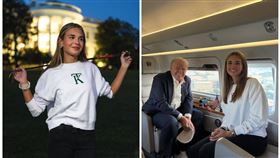 凱伊在白宮拍攝自家服飾的形象照（左圖），隔天跟著爺爺川普搭空軍一號去看高爾夫球賽（右圖）。（翻攝kaitrumpgolfer IG）