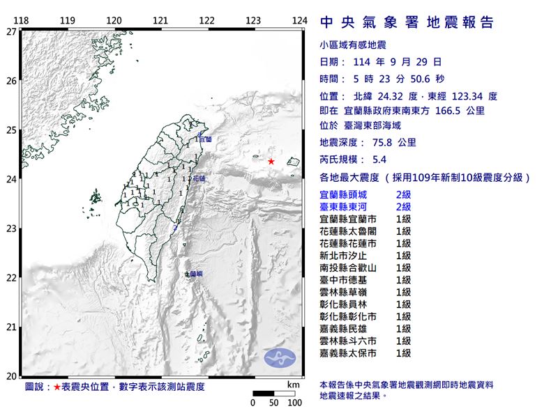 29日清晨5點23分發生芮氏規模5.4有感地震。（圖／中央氣象署）