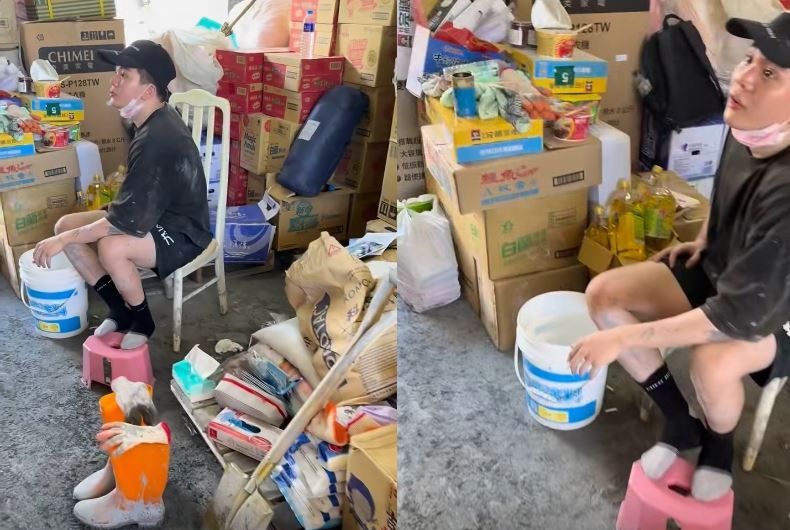孫生曬遭網友爆出他在災區抽菸尬聊，且一旁全都是紙箱挨轟「作秀噁男」。（圖／翻攝自臉書《爆料公社官方專屬》）