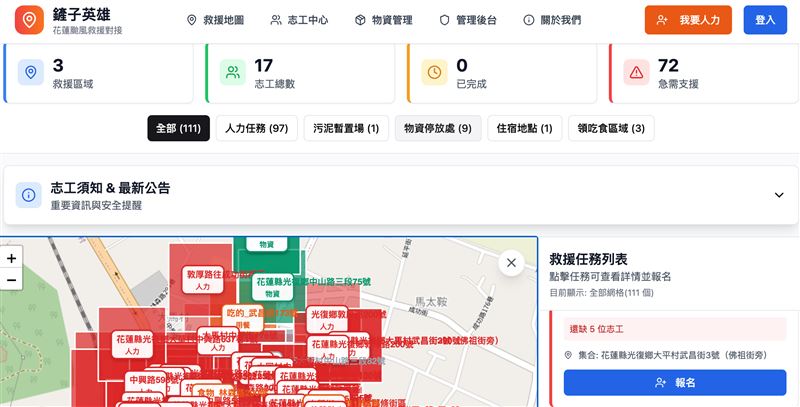 網友自製「鏟子英雄地圖」，分為「救援區域」、「志工總數」、「已完成」、「急需支援」4大類。（圖／翻攝自鏟子英雄官網）