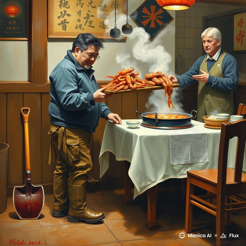 一名來自台東的鏟子超人，在完成任務返家後，卻在火鍋店內意外遇到一段令人落淚的暖心插曲。（圖／AI製圖）