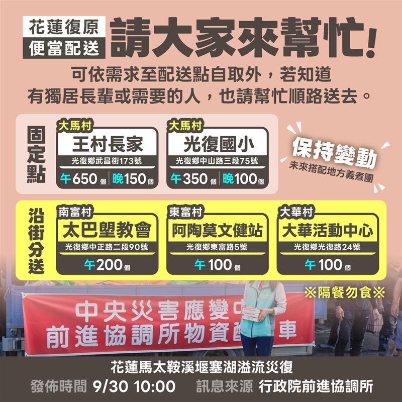 農業部規劃「送餐摩托車」服務，沿三條路線為災民及志工送餐。（圖／經濟部臉書）
