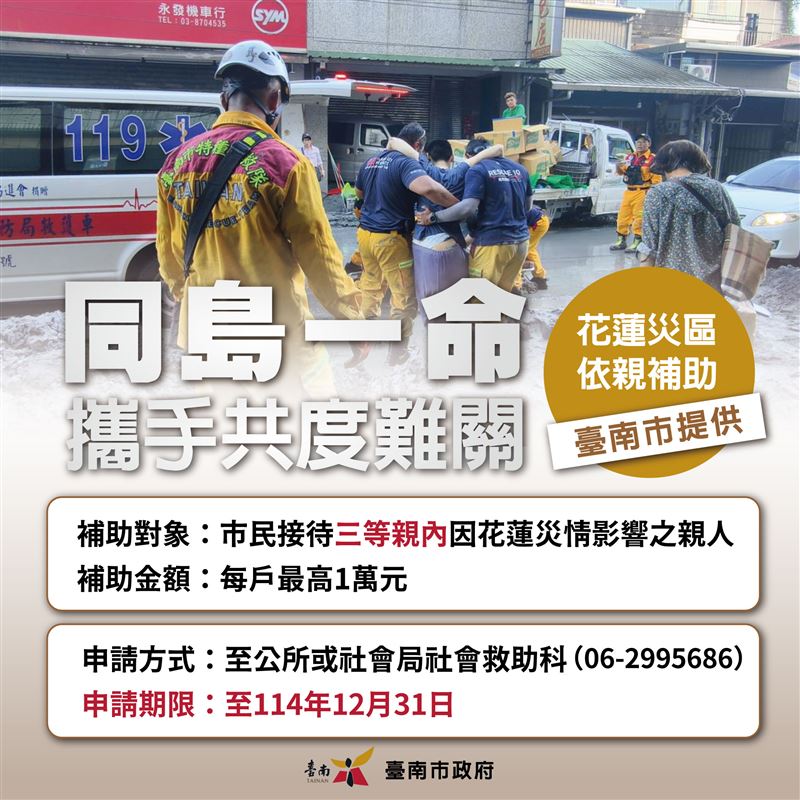 台南市政府社會局今（30）日宣布，設籍台南市的市民，協助接待居住花蓮且因災受影響的三等親內親屬，即可申請每戶最高1萬元補助。（圖／南市府提供）