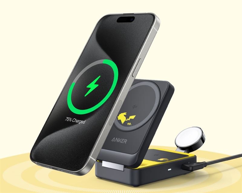 ANKER B2557皮卡丘 3-in-1 MagGo Qi2 15W磁吸無線充電座。（圖／品牌業者提供）