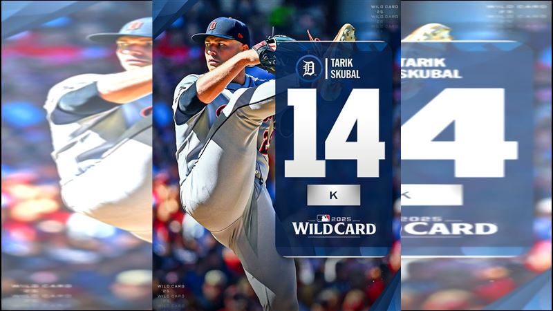 老虎先發投手史庫柏（Tarik Skubal）外卡戰守護者，7.2局飆14K。（圖／翻攝自MLB推特）