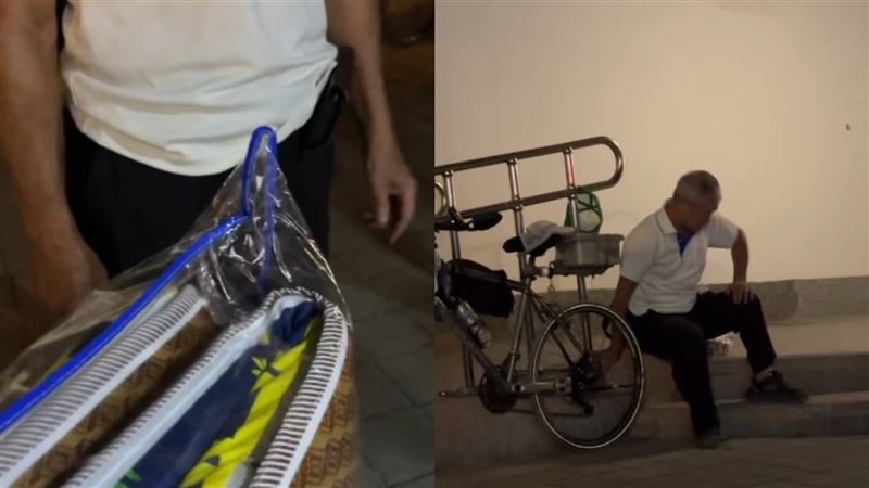 彰化一名8旬勇伯騎著腳踏車赴花蓮幫忙鏟泥淤，志工想拿床墊給他，但被婉拒了，「我睡紙板就好」，此舉讓網友直呼好感動。（圖／翻攝自Threads@tibi_156）