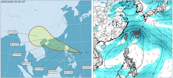 熱帶低壓今將發展為麥德姆，偏西北西、通過呂宋島、進入南海，5日颱風中心通過雷州半島(左）。歐洲模式模擬圖顯示，台灣東方海面則另有一熱帶擾動(右)。(圖／翻攝自氣象署、tropical tidbits)