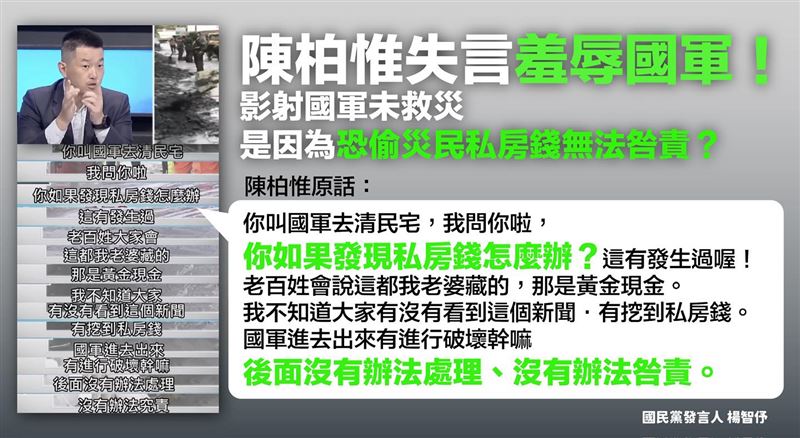 楊智伃質疑，陳柏惟在節目上為了護航賴清德政府，污辱國軍。（圖／翻攝自楊智伃臉書）