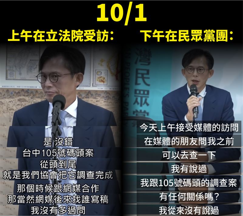 面對記者詢問「105號系列碼頭案」獨家報導，黃國昌態度180度轉變。（圖／翻攝自黃子一臉書）