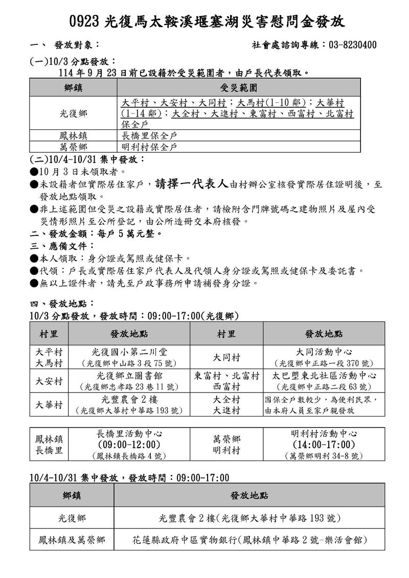 花蓮縣政府明發放5萬救助金，領取時間、地點。（圖／翻攝自花蓮縣政府）