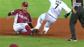 台鋼雄鷹郭永維盜壘時不慎和樂天桃猿游擊手林承飛發生碰撞。（圖／翻攝CPBL TV畫面）