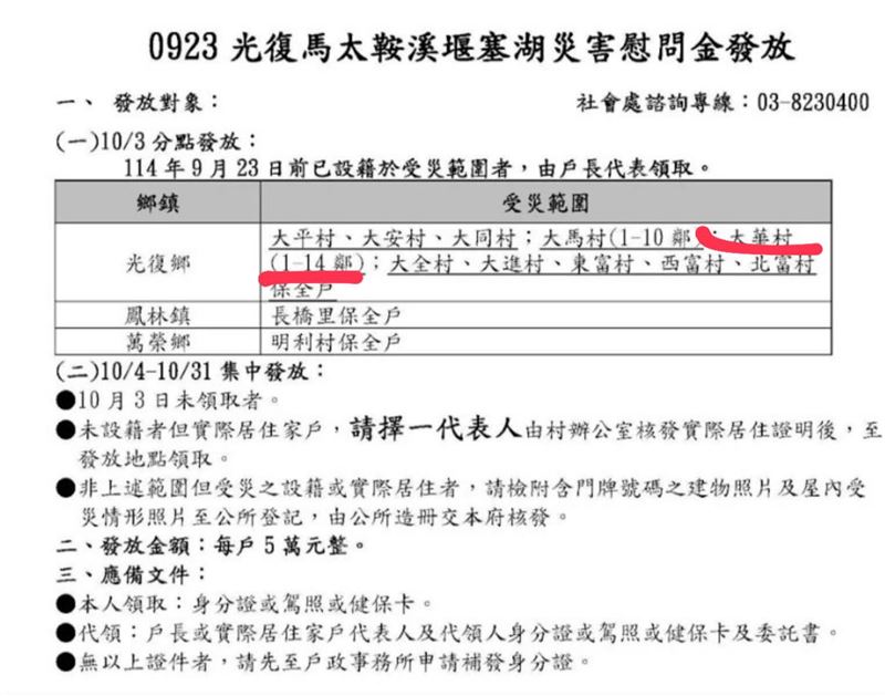 教師劉哲瑋指控，花蓮縣府發5萬慰問金一度因「同村不同鄰」，慘遭放生。（圖／翻攝自「Lâu Thiat Uí」臉書）
