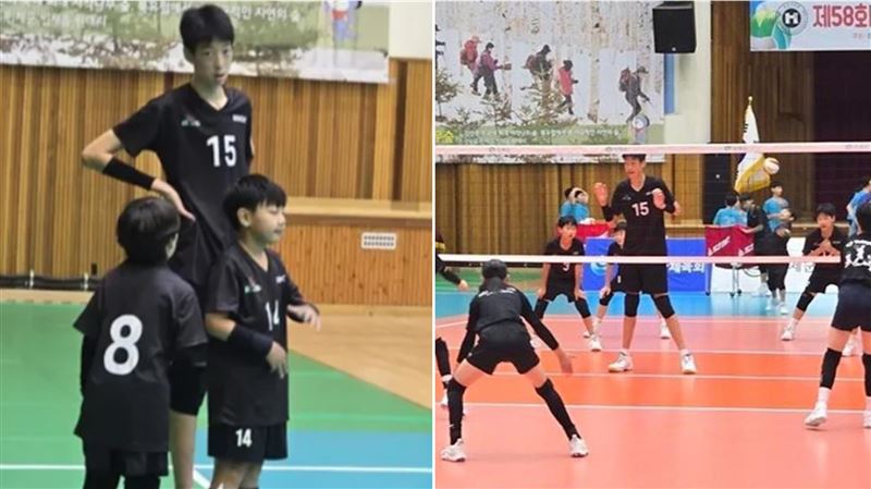 六年級的龍智勳，他的205公分身高在排球場上極為亮眼。（圖／翻攝自韓國小學排球聯盟）