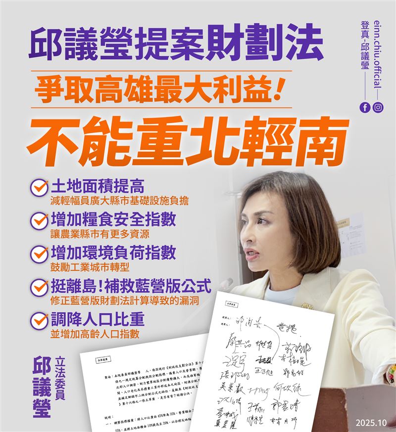 邱議瑩提案再修財劃法　為高雄爭取最大利益。（圖／邱議瑩辦公室提供）