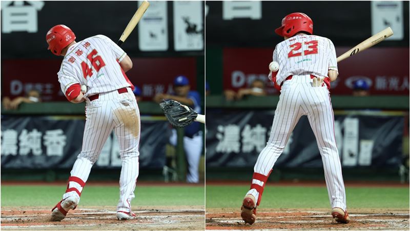 味全龍劉基鴻、劉俊緯連續被力亞士觸身球。（圖／味全龍提供）